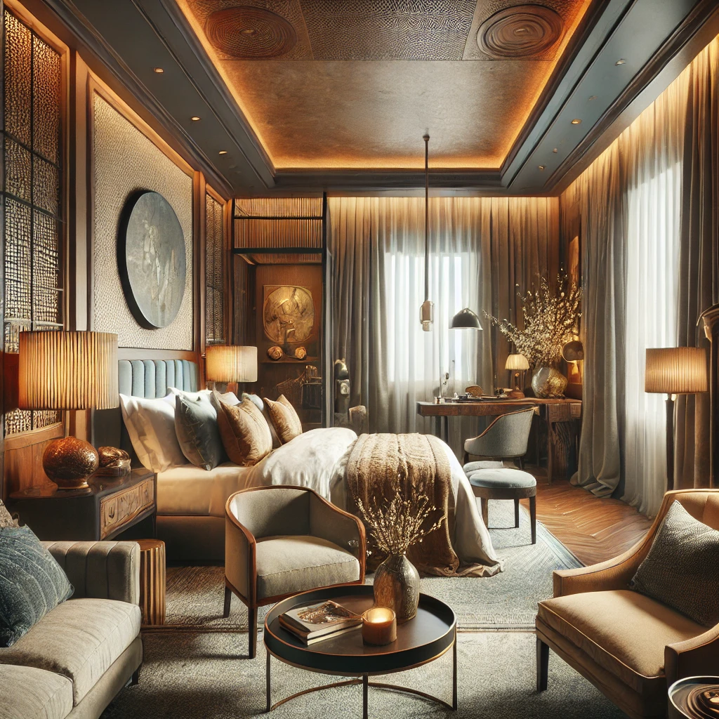 Der Blick in ein Zimmer in einem stilvoll eingerichteten Boutiquehotel. Warme Farben, weiche Stoffe und ansprechendes Design strahlen Gemütlichkeit aus.