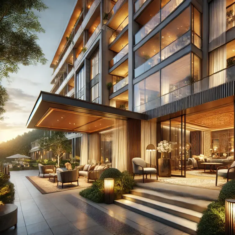 Modernes Designhotel mit gemütlichem Ambiente im Abendlicht