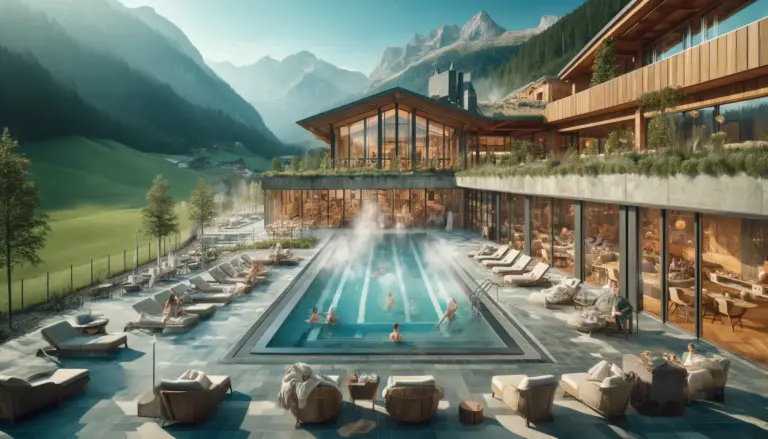 Symbolbild für Thermen in Österreich: Blick über einen Aussenpool mit Bergkulisse